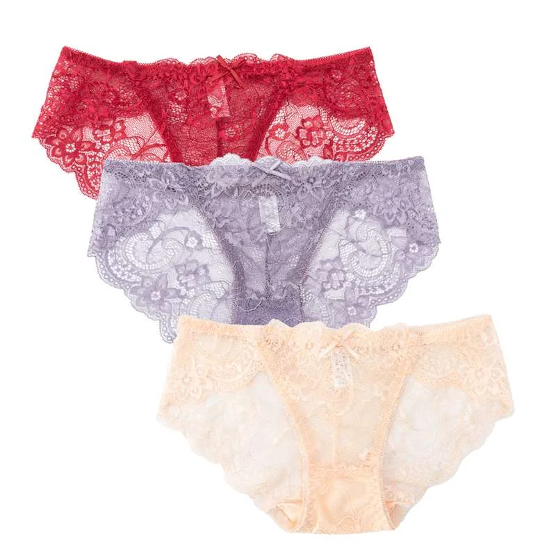 3Pcs/set Lace Panties Women Fashion Girls Briefs New Lingerie M-XL Female Underpants Low Waist Sexy Transparent Underwear
