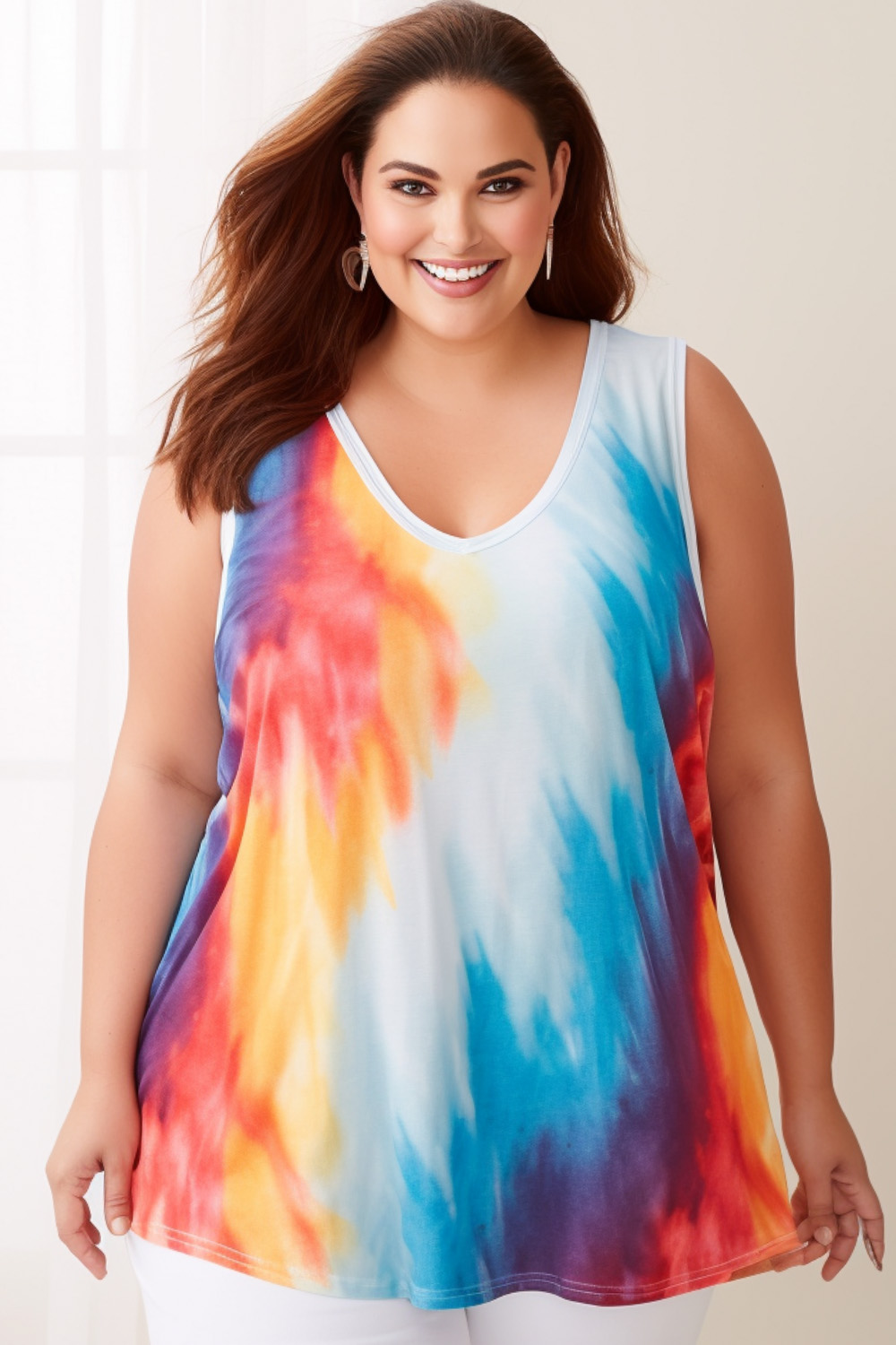 Flycurvy Plus Size Everyday Multicolor Tie Dye Print V Neck Rainbow Tank Top 2024 - Flycurvy 