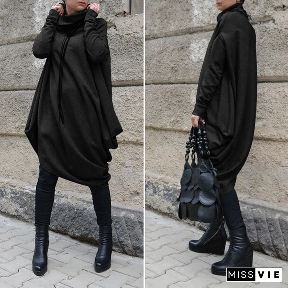 Womens Turtle Neck Long Sleeve Irregular Solid Color Casual Blouse Dress Tunics