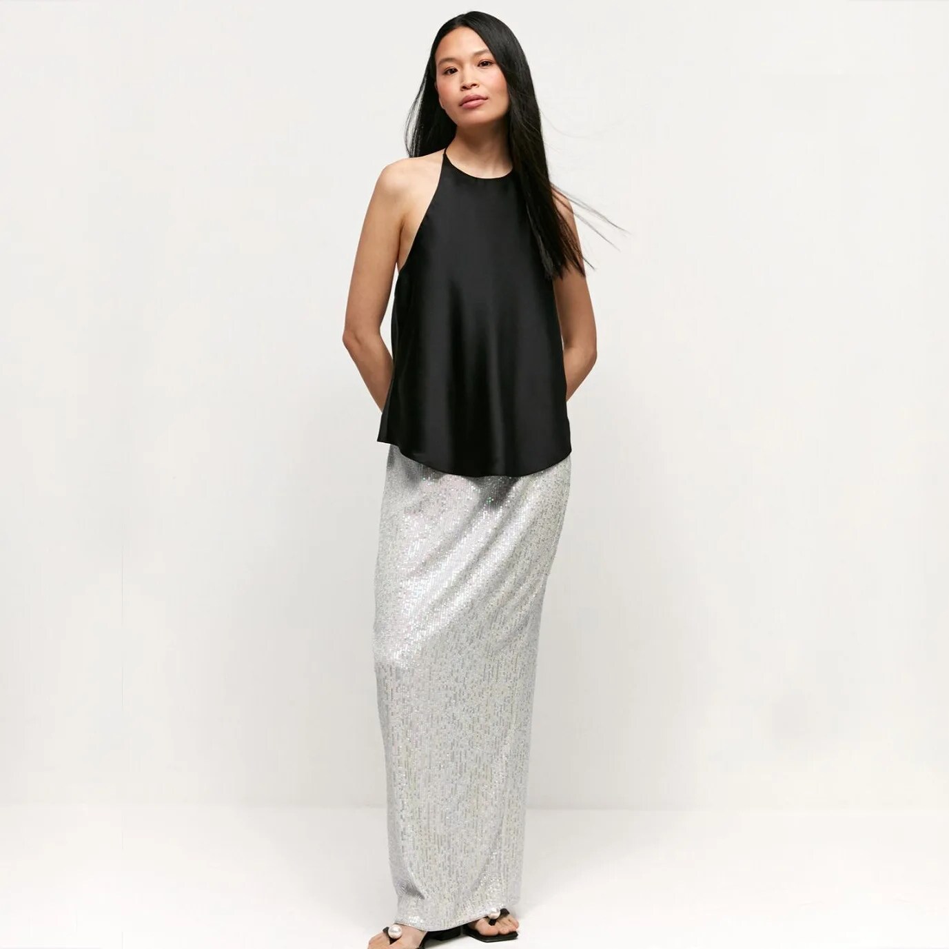 Tozwheels event dresses for women luxury Women's Elegant Long Sequins Skirt, High Waist Split Skirts, Office Lady, Casual Loose Streetwear, Fashion, Summer, 2025
