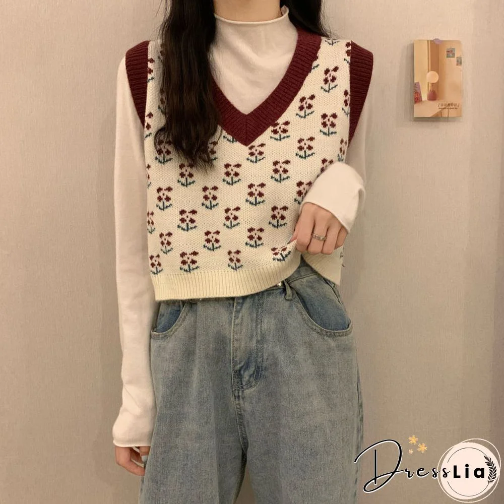 Vintage Harajuku Print Knit Vest Fall Women V-Neck Sweater Vests Fashion Loose Sleeveless Y2k Waistcoat Korean Pullovers