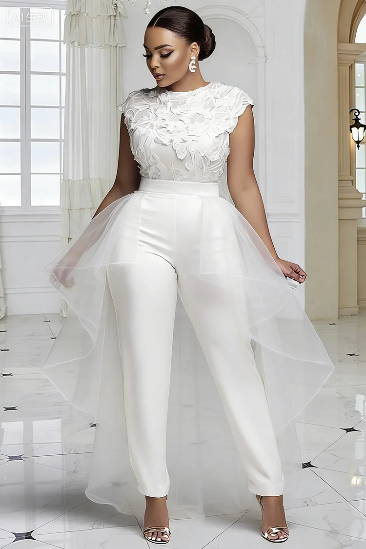 Xpluswear Design Plus Size Wedding White Round Neck Cap Sleeve With&nbsp;Skirt&nbsp;Overlay&nbsp;Ruffle Lace Jumpsuits [Pre-Order] 2024 - Xpluswear