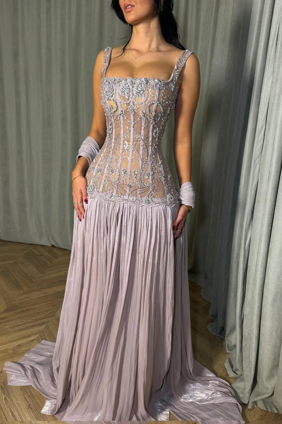 Lussooy Stunning Satin Sleeveless Square Neck Beaded Prom Dress with Pleated 