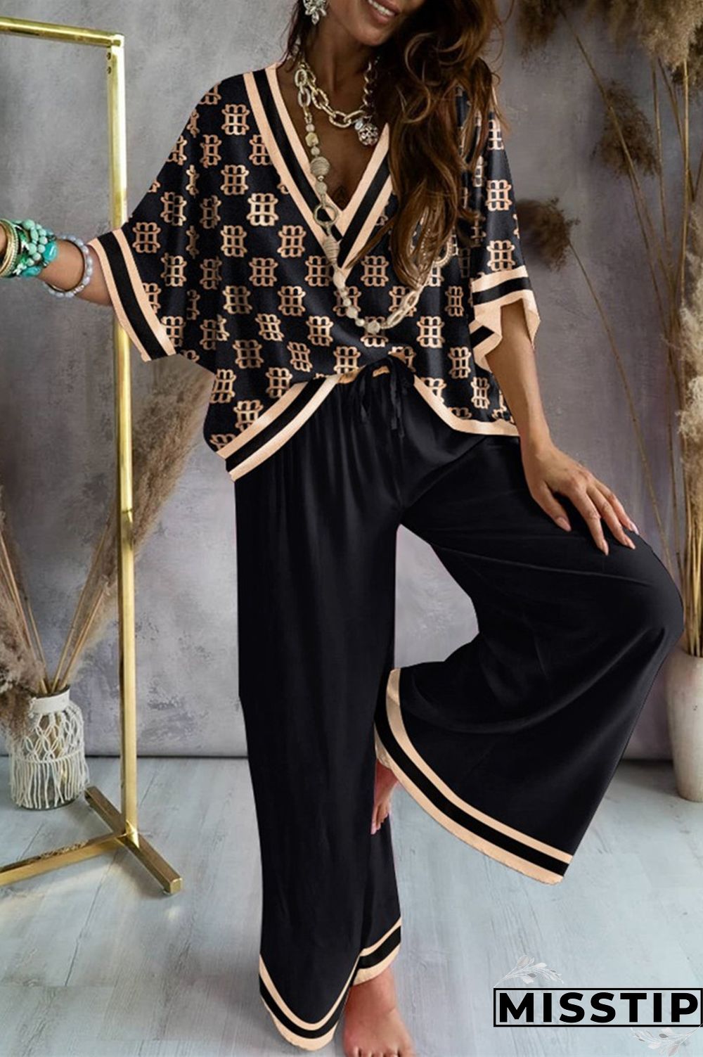 Apricot Casual Print Patchwork V Neck Three Quarter Two Pieces