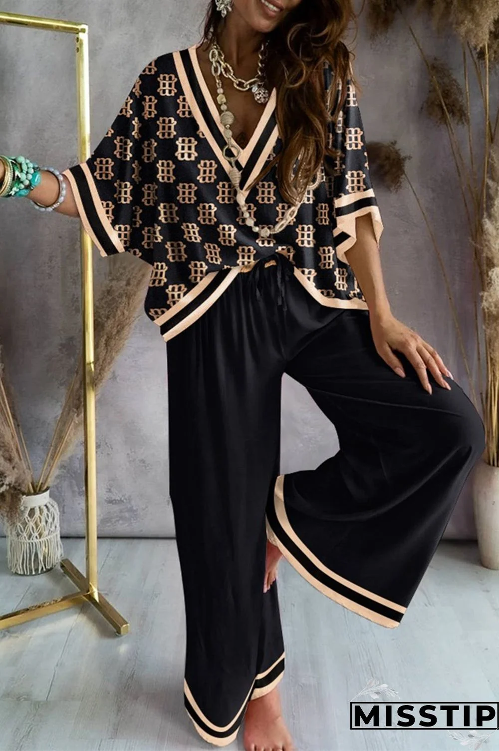 Apricot Casual Print Patchwork V Neck Three Quarter Two Pieces