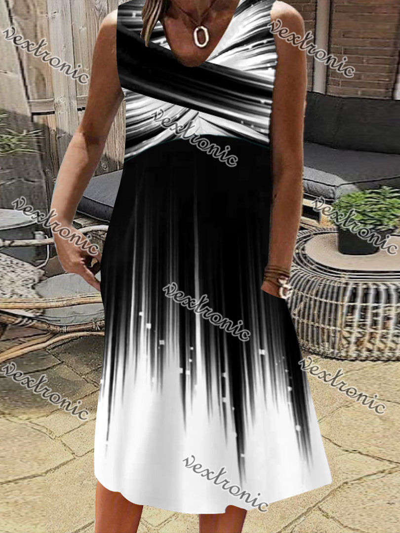 Women's Black V-Neck Sleeveless Graphic Midi Dress