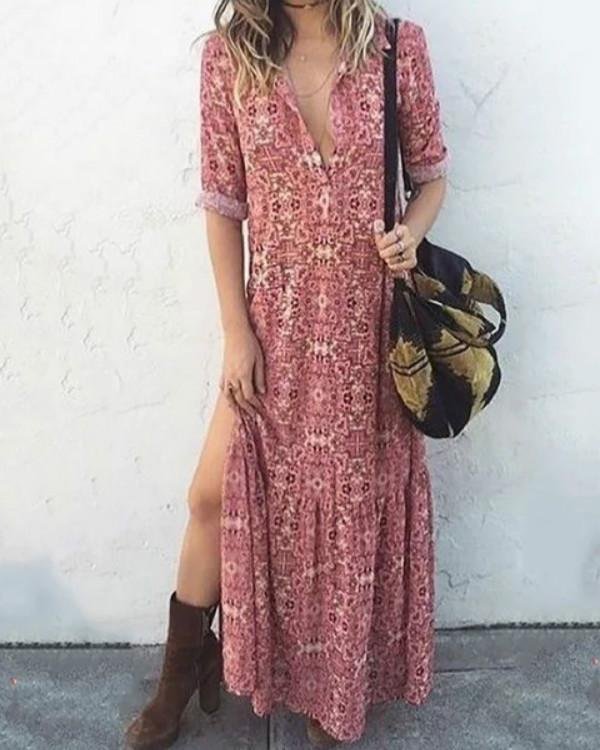 Pink Women Daily Long Sleeve Printed Floral Fall Summer Maxi Dresses - Chicaggo