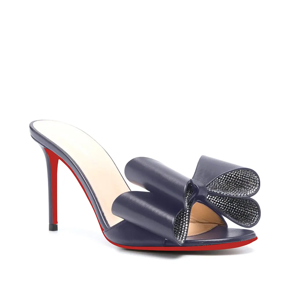 100mm/3.94 Inch Women's High Heel Mules Rhinestone Bowknot Backless Stiletto Heel Slippers Sexy Summer Heeled Red Bottom Sandals-vocosishoes