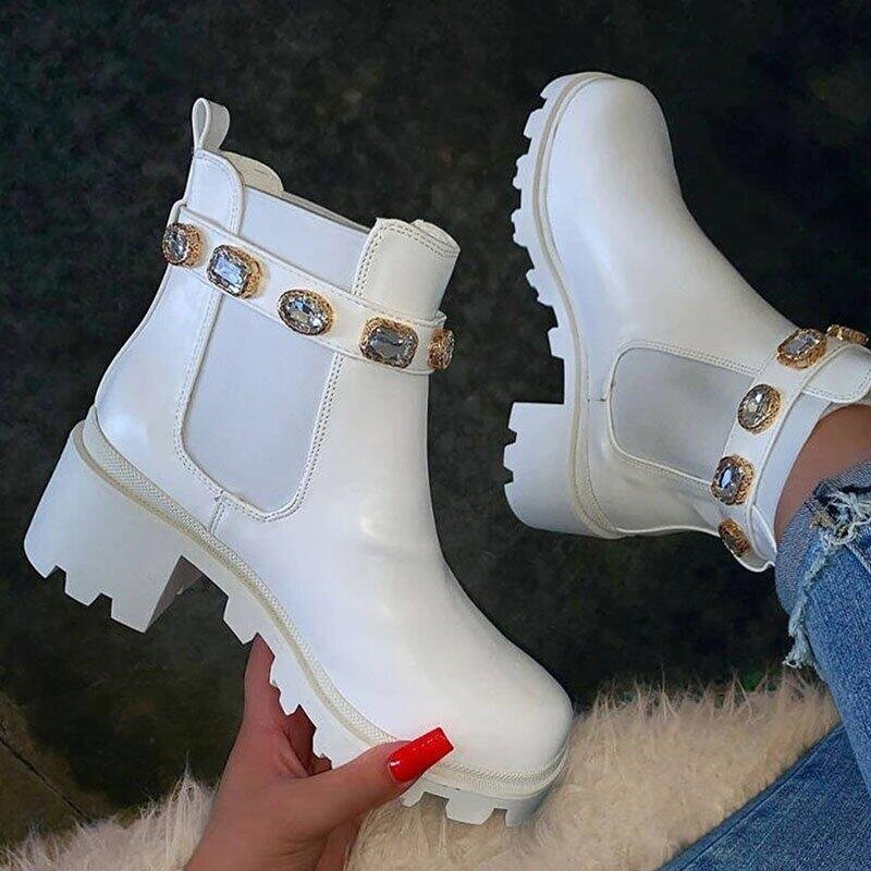 Women's Ankle Boots Autumn Winter  Rainbow Short Boots Square Heel Rhinestone Shoes Non-slip Fashion Thick Bottomn Footwear 2021 1113