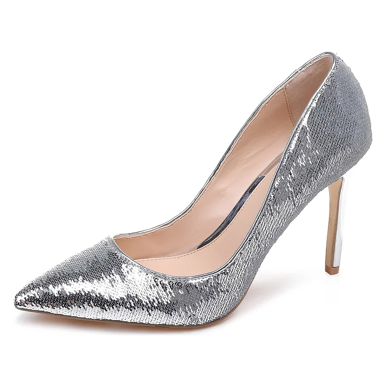 Silver Sparkly Heels Sequined Stiletto Heel Pumps |FSJ Shoes