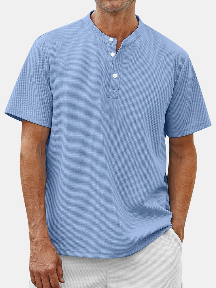 Men's Summer Casual Solid Color Waffle Stand Collar Short Sleeve Shirt