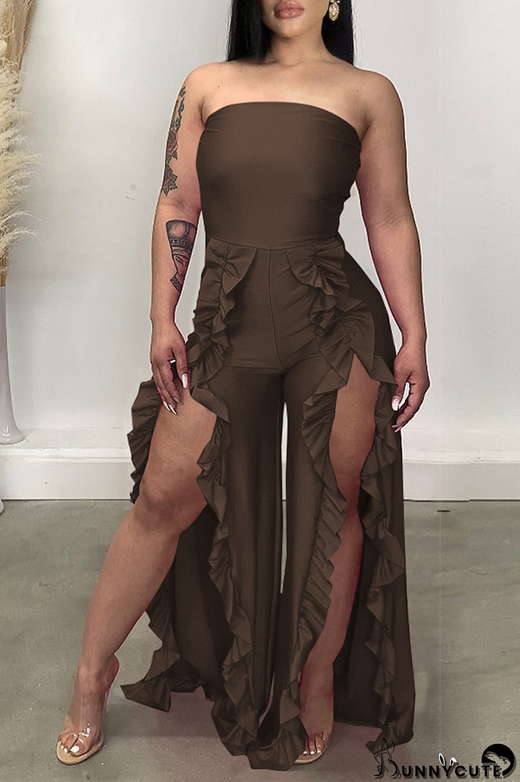 Coffee Sexy Solid Flounce Strapless Boot Cut Jumpsuits