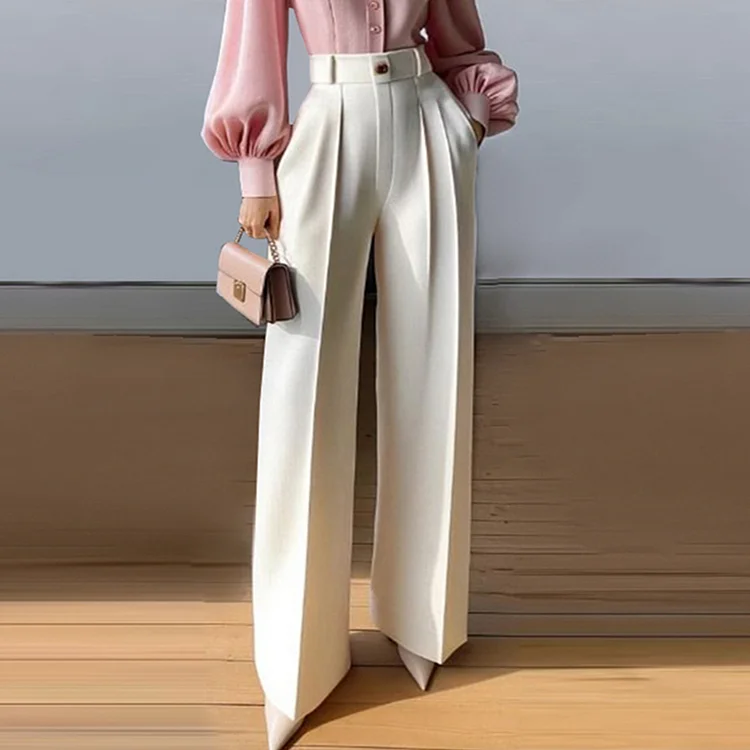 Formal Solid Slant Pocket High Rise Pleated Straight Pants