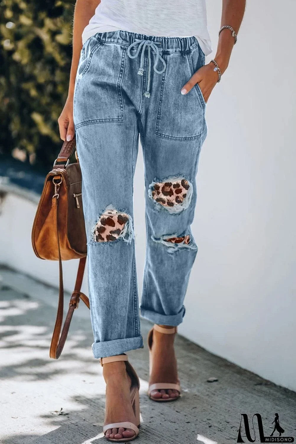 MidiSono - Plaid Patches Cotton Pocketed Denim Jeans