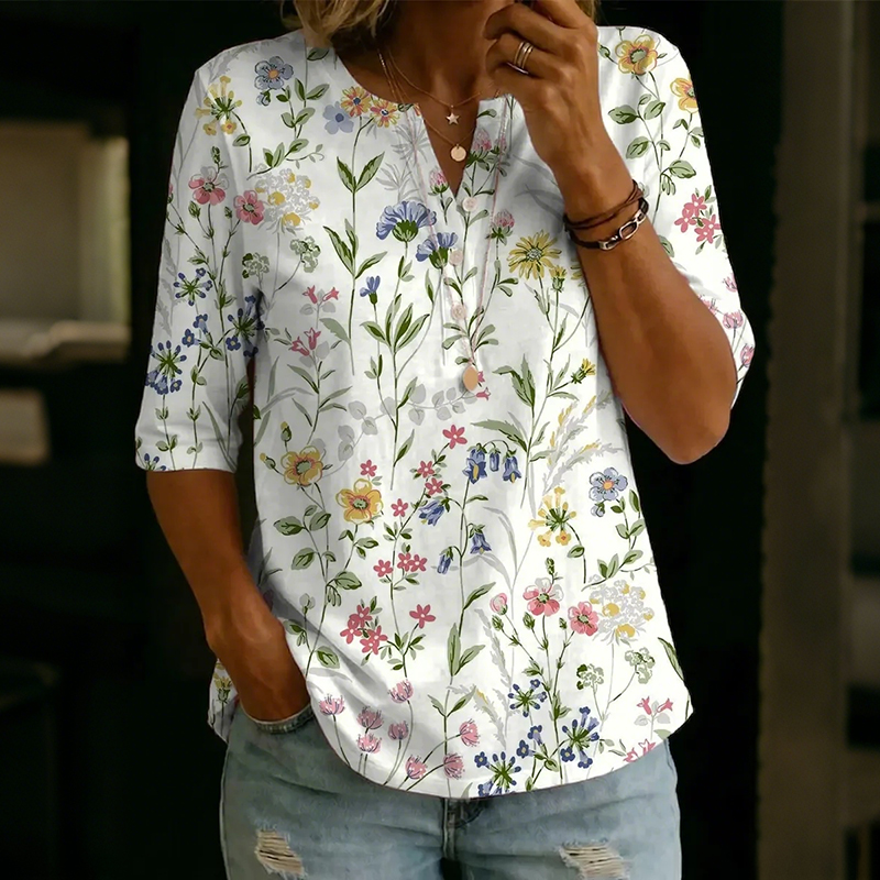 Comstylish Women's Vintage Floral Pattern Art Print Casual Shirt