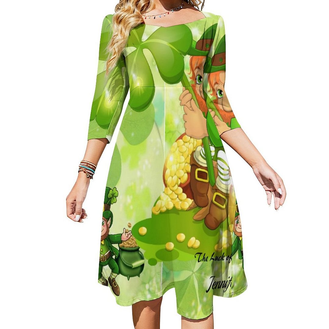 St Patricks Day Leprechaun Green Shamrocks Dress Sweetheart Tie Back Flared 3/4 Sleeve Midi Dresses