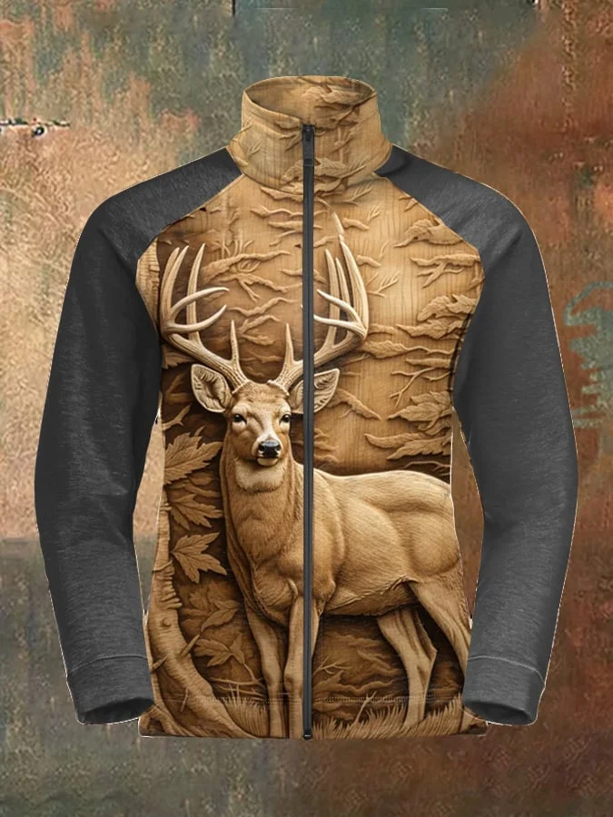 Men's Retro Western 3D Deer Print Raglan Sleeve Zip Jacket