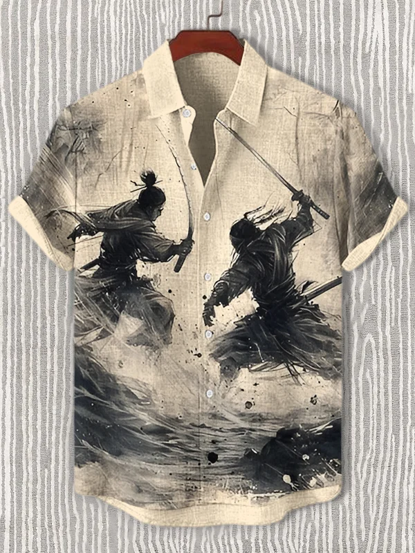 Men's Two Samurai Against Each Other Ink Art Print Shirt