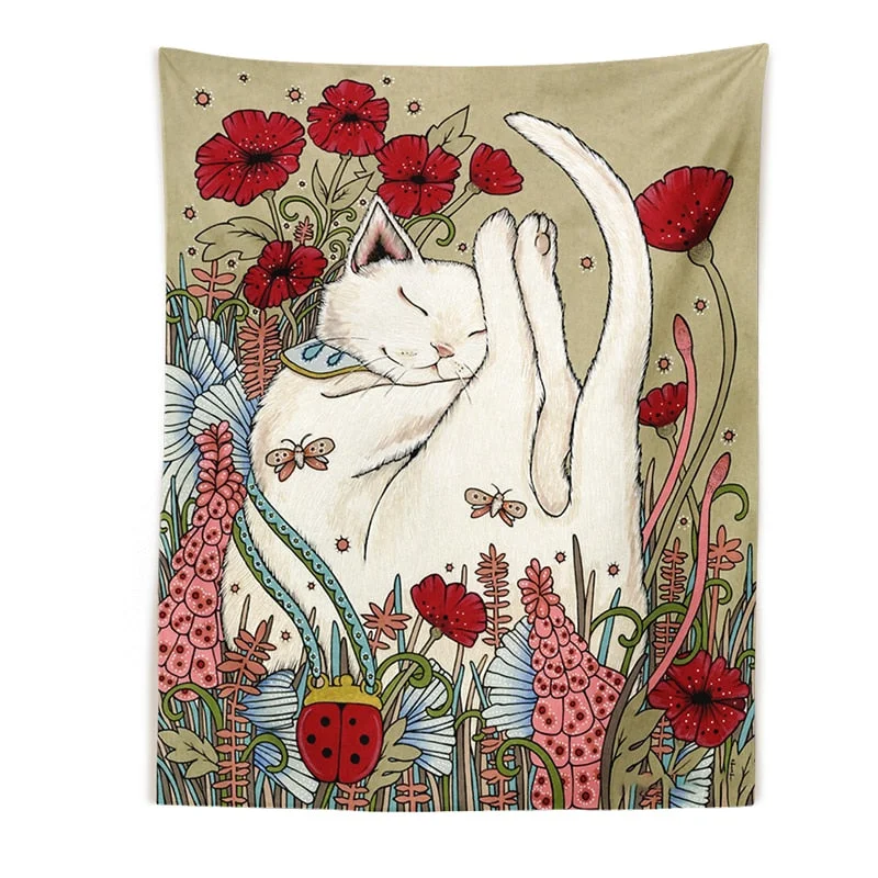 Cat Tapestry Botanical Flower Wall Hanging Cute cat Living Room Bedroom Home Decor Tapestry Art Wall Decoration Tapestries Art