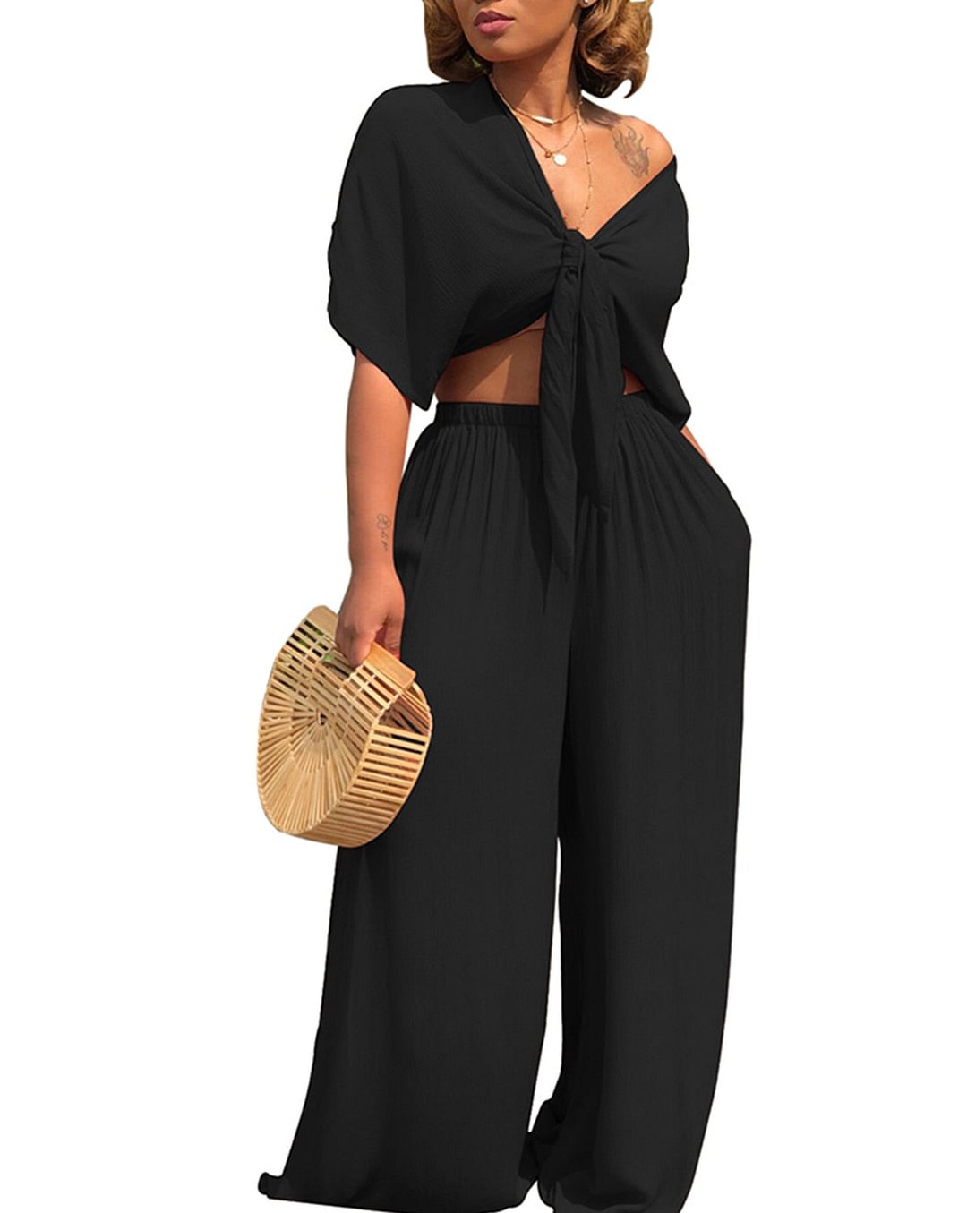 2020 Women Sets Summer Tracksuits Fitness V-Neck Bow Tops+Wide Leg Pants Suit Two Piece Set Night Outfits 2 Pcs Street GL7003