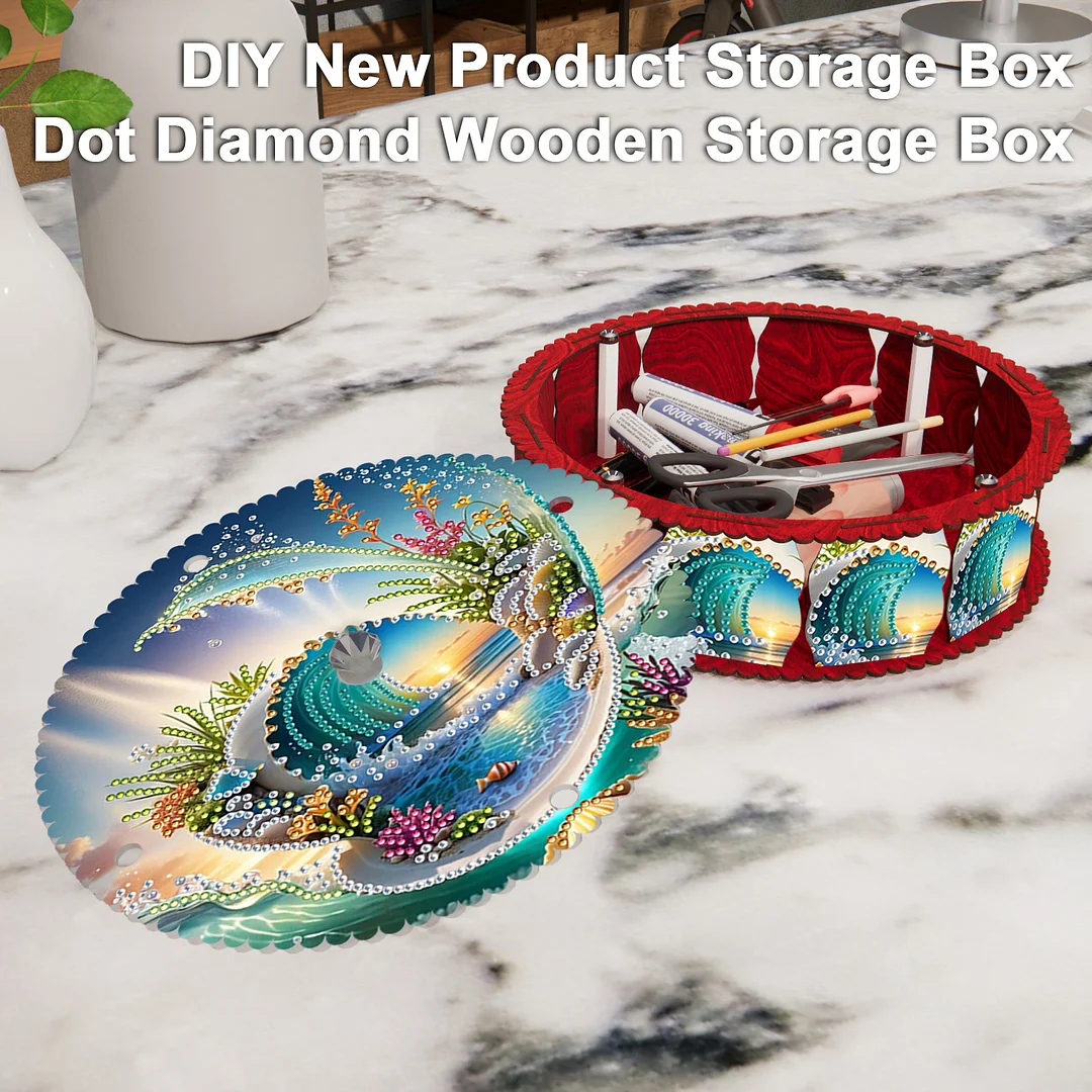 Waves 5D DIY Diamond Art Painting Snack Box with Lid Home Wood Storage Organizer