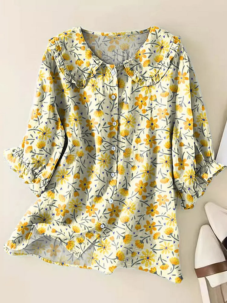 Women's Lovely Floral Art Print Casual Peter Pan Collar Cotton Shirt