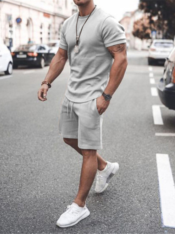 Mature Men Fashion Casual Solid Color Short Sleeve Shorts Suits Two-Piece Set