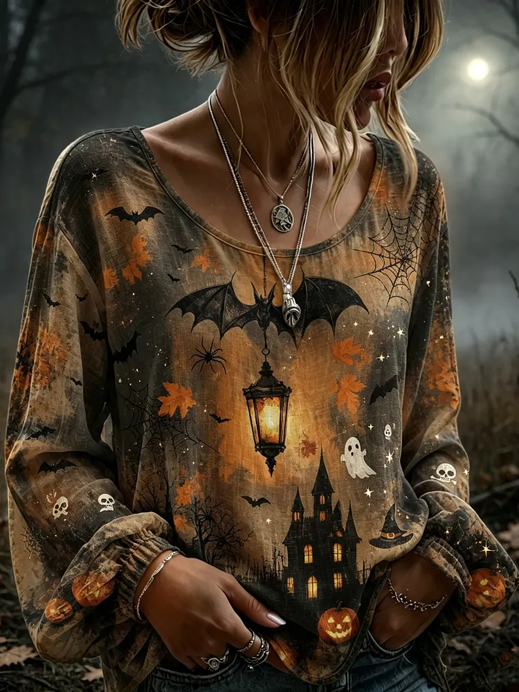 Women's Retro Halloween Pumpkin, Bat, And Ghost Elements Linen Top