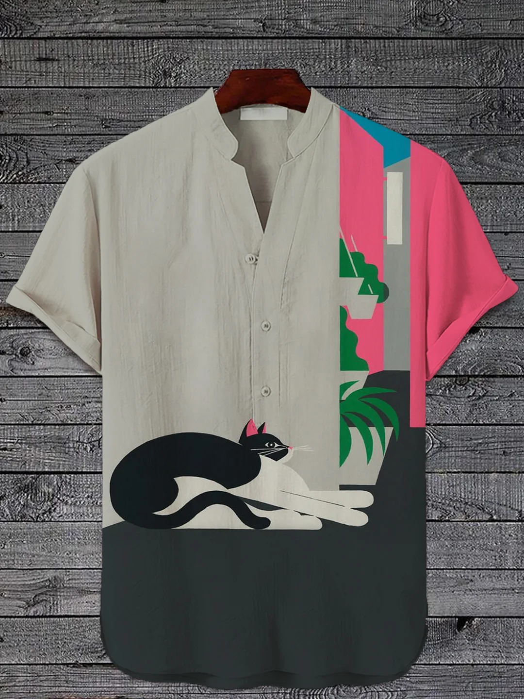 Men's Black And White Cat Colorblock Art Print Half Button Short Sleeve Shirt