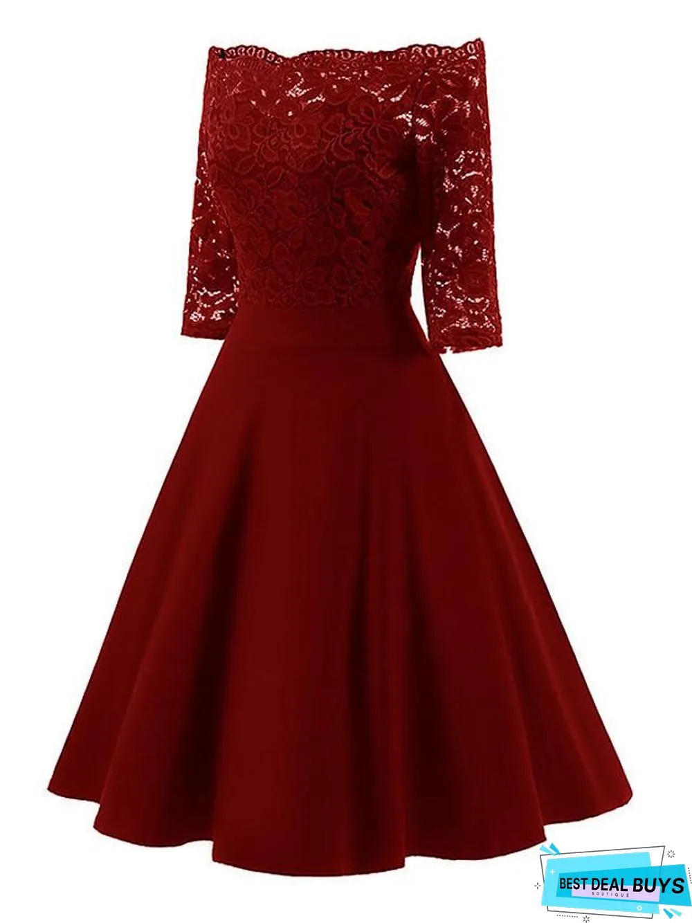 Women's Swing Dress Knee Length Dress 3/4 Length Sleeve Solid Color Lace Patchwork Fall Spring Elegant Sexy Wine Dusty Blue