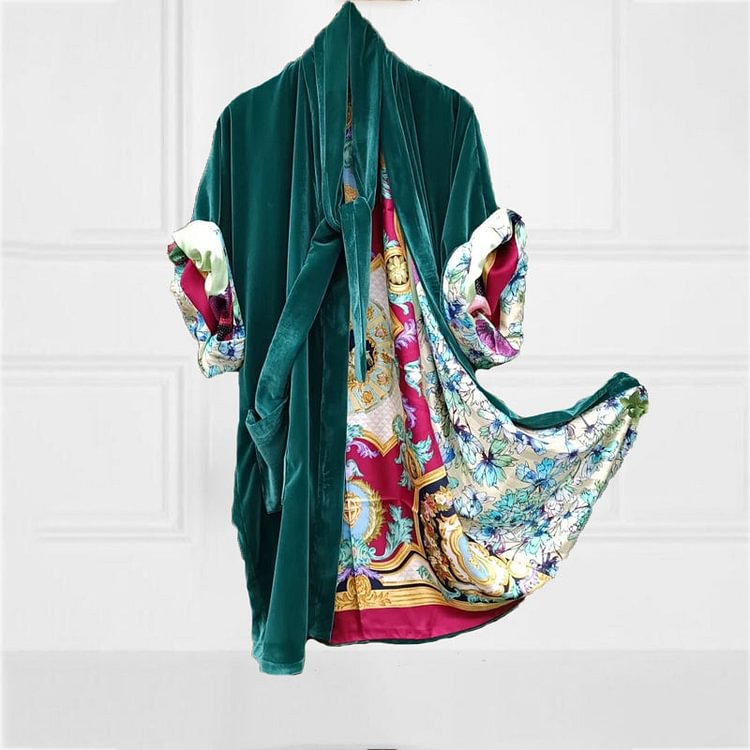 VChics Loose Long Sleeve Lined Patchwork Print Kimono Duster