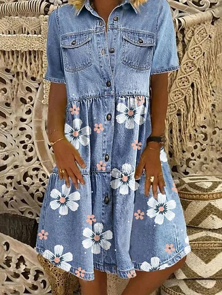 Plus Size Short-sleeved Lapel Floral Printed Denim Dress