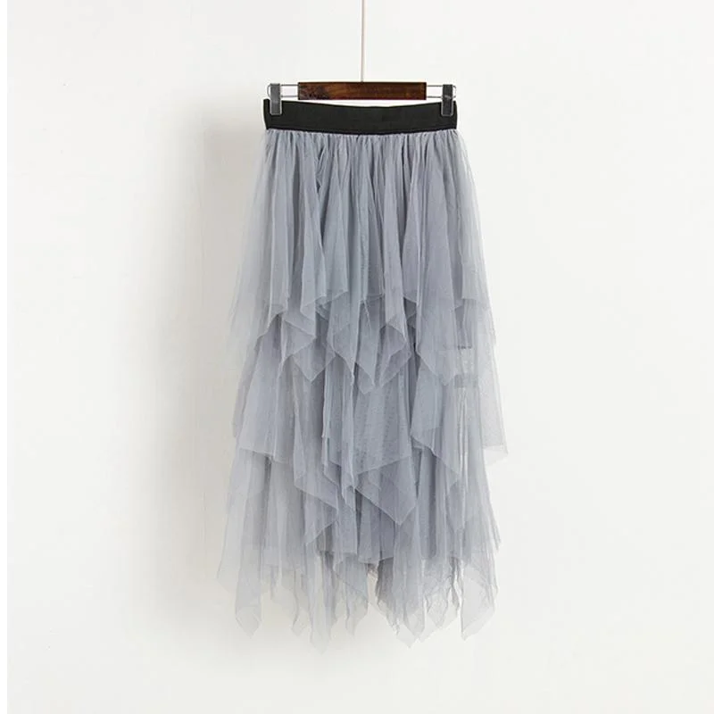 FTLZZ Tulle Skirts Women High Waist Mesh Skirt Hem Asymmetrical Pleated Midi Skirt Female Black Pink Summer Mid-calf Skirts
