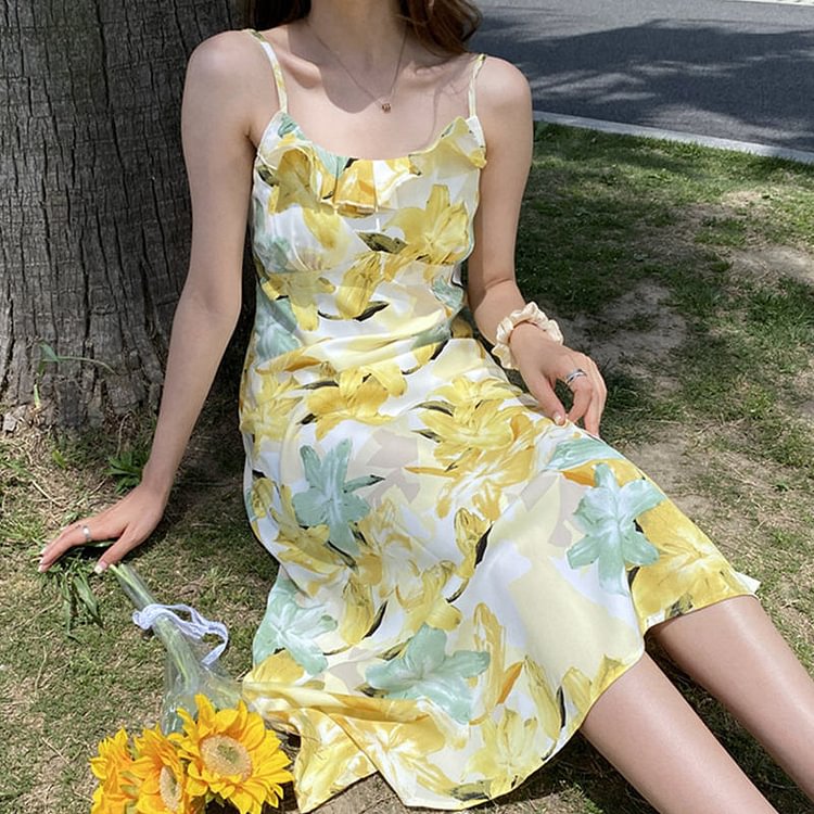 Sweet Floral Print Chiffon Slip Dress - Modakawa modakawa