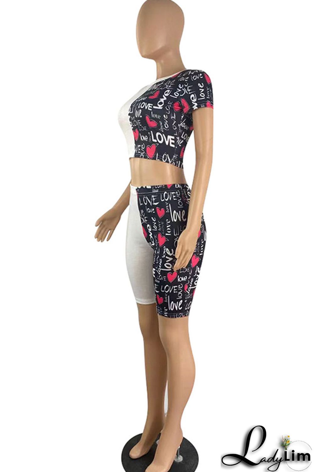 Black Casual Print Split Joint O Neck Short Sleeve Two Pieces