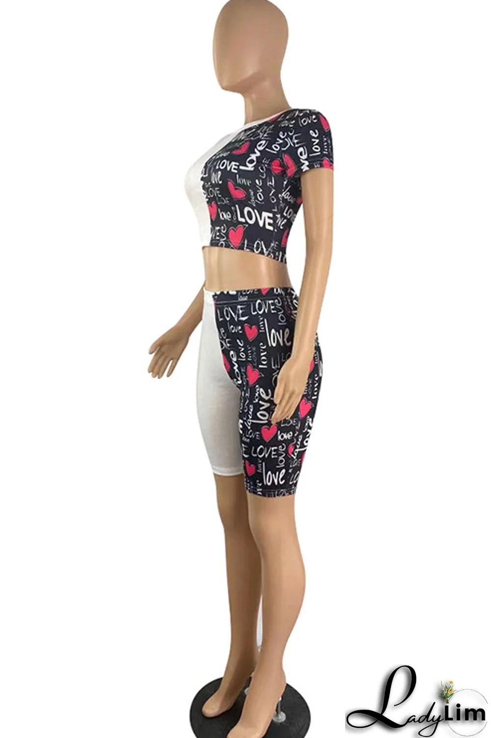 Black Casual Print Split Joint O Neck Short Sleeve Two Pieces