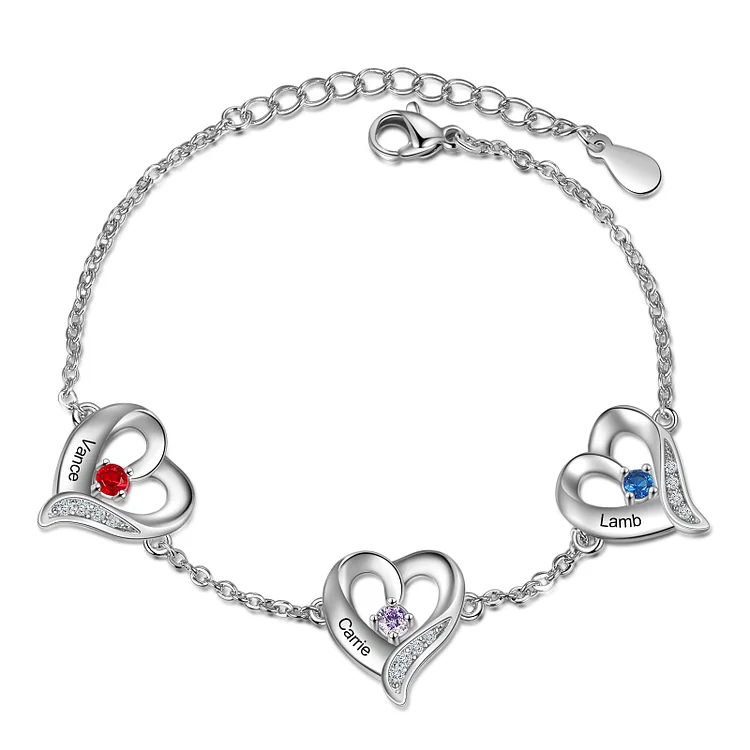 Personalized Heart Charm Bracelet Custom 3 Birthstones Bracelet for Her