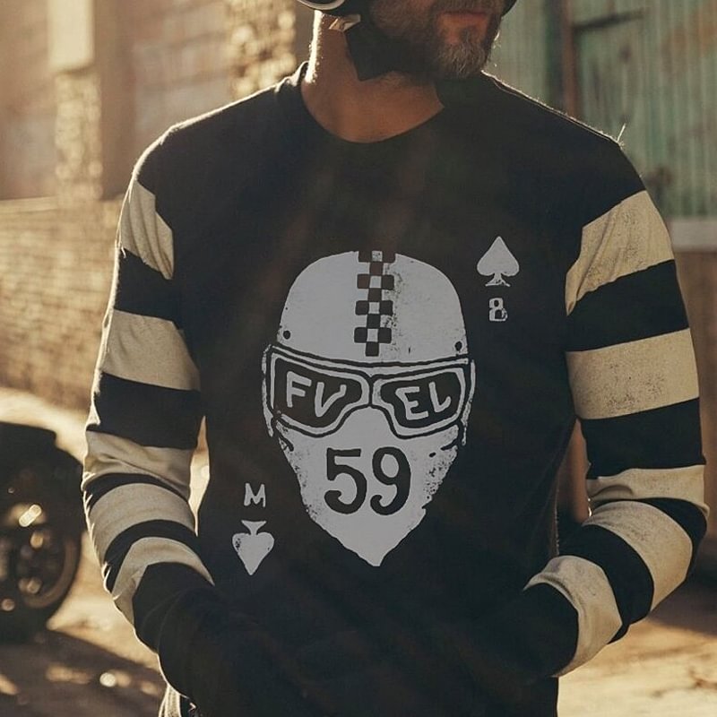 Vintage Striped Sleeve Panel Crew Neck Print Casual T-Shirt