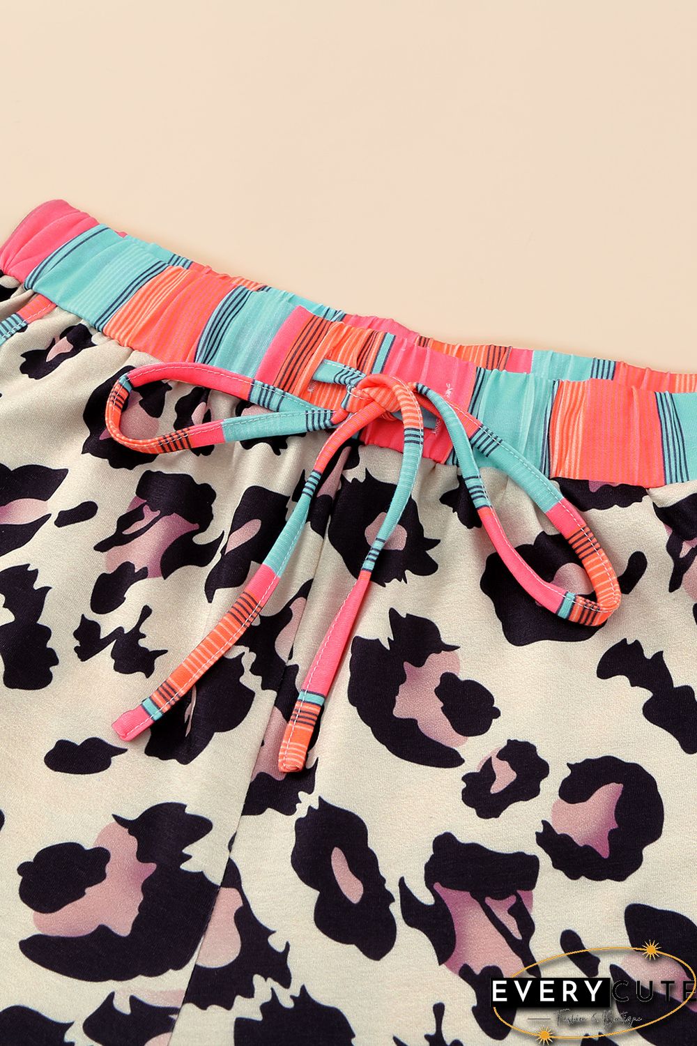 Leopard Striped Patchwork Drawstring Mid Waist Shorts