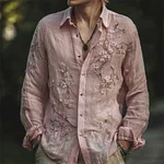 Men's Vintage Pink Cherry Blossom Embroidered Linen Shirt - Image 2