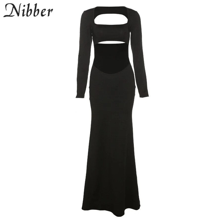 Nibber Autumn Solid Color Hollow Out Sexy Long Dress For Elegant Women's Dinner Party Midnight платье Night Clubwear Hot 2021