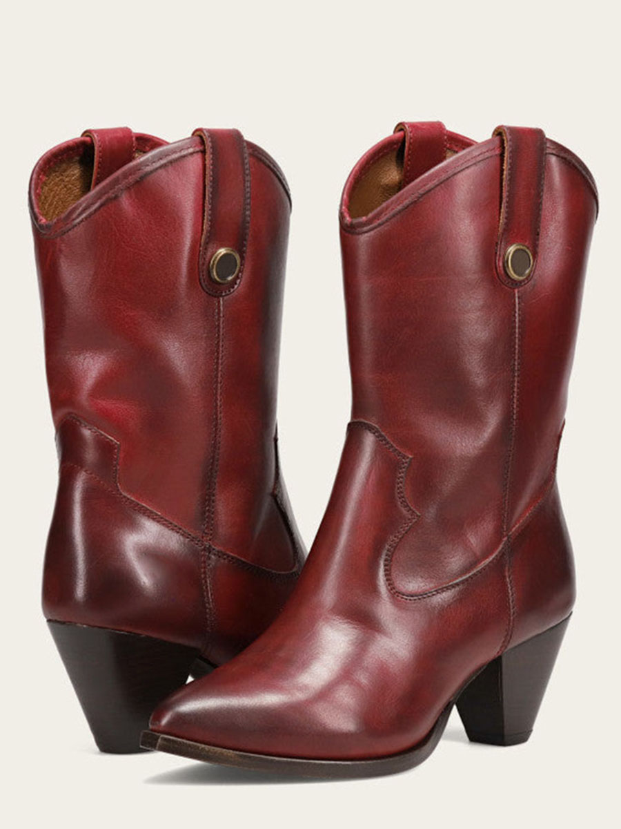 Wine Red Pointed Toe Button side Loops Cowgirl Boots With Chunky Heels