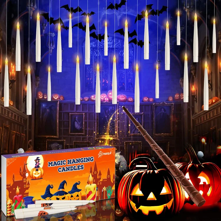 Floating Candles with Wand Remote, 20 Pcs Magic Halloween Hanging Candles, Flickering Warmer Light Flameless Candles with DIY Sticker, Halloween Decorations Gifts Indoor Outdoor (20)