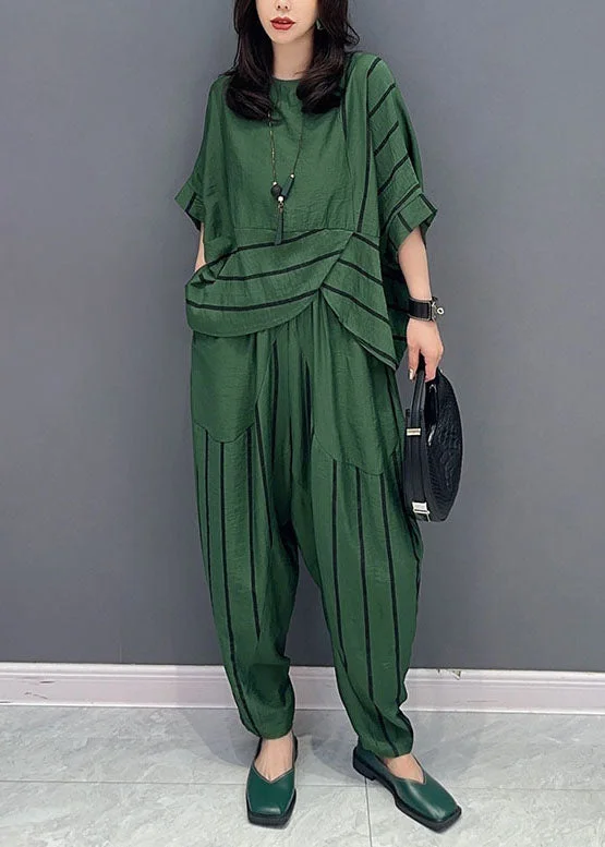 Casual Green O-Neck Striped Patchwork Tops And Pants Cotton Two Piece Set Summer