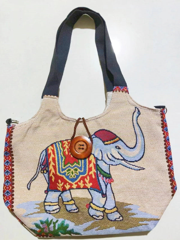 Women’s Large Canvas Elephant Ethnic Style Square Zipper Shoulder Bag