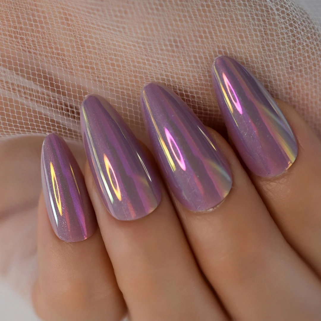 Chrome Diamond Blue Press On Fingernails Metallic Mirror Holo Fake Nails Extra Long Ladies Designed Tips for Finger-Nail Inspo