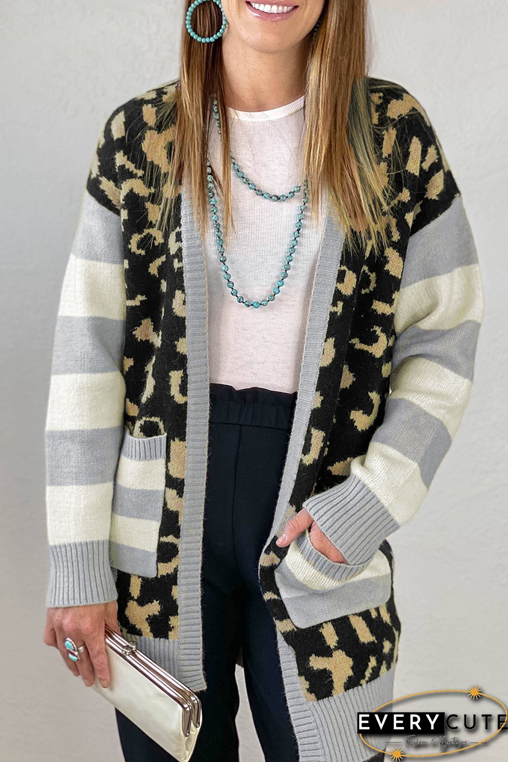 Leopard Print Cardigan with Striped Sleeve