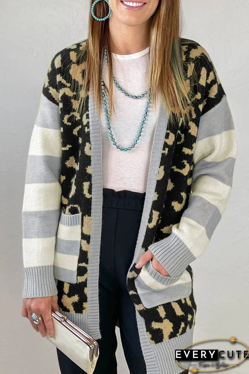 Leopard Print Cardigan with Striped Sleeve