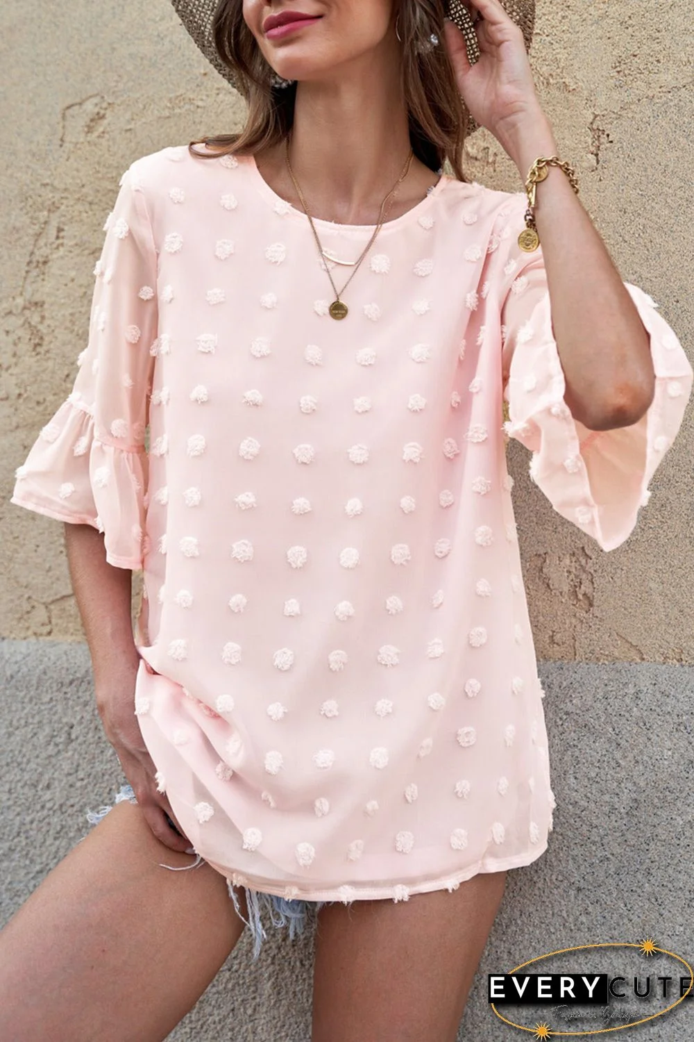 Pink Swiss Dot Tie Blouse