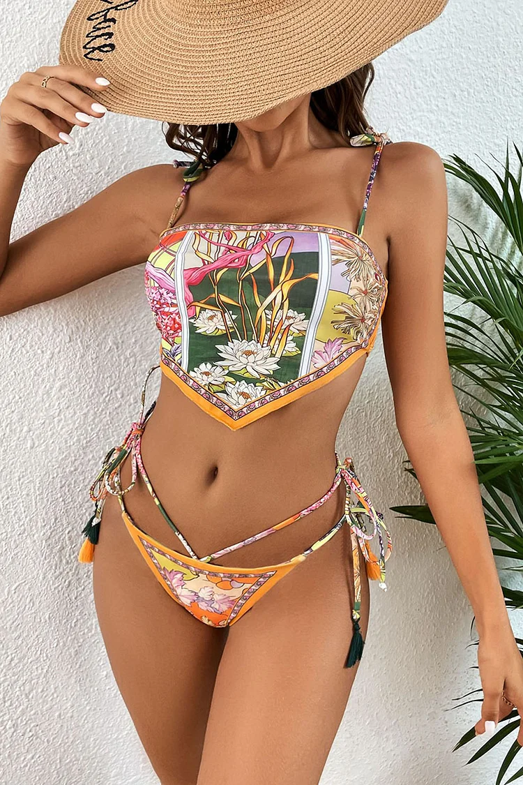 Boho Pattern Print Fringed Lace Up Two Piece Bikini Set
